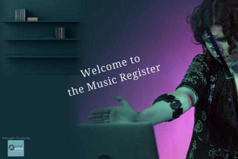A woman with curly hair holding a guitar and waving an arm with a sensor bracelet